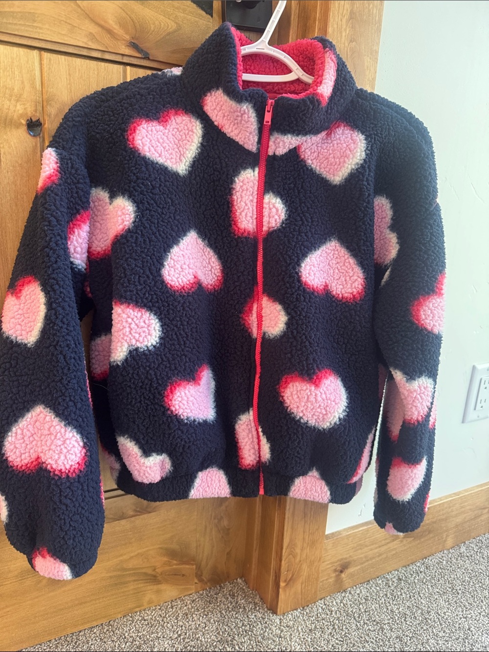 Old Navy Dark Navy/Black Sherpa Jacket with Pink Heart Print